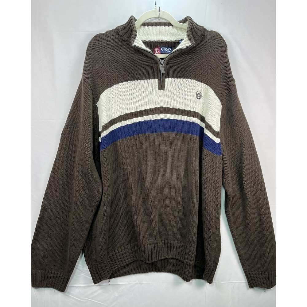 Chaps Ralph Lauren Brown Sweater White Blue Striped 1/4 Zip Pullover Mens Sz 3XL